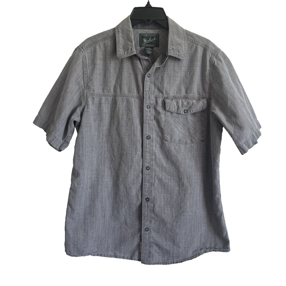 Woolrich Mens Medium Gray Chambray Snap Button Shirt Short Sleeve Outdoor